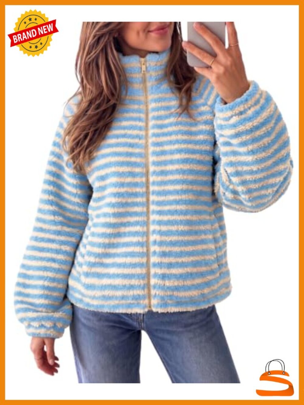 Fuzzy Sherpa Fleece Zip Up Oversized Striped Coat